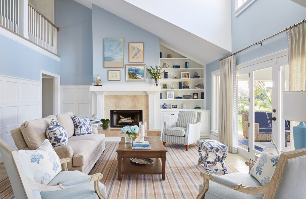 Coastal living room with shades of blue and tan
