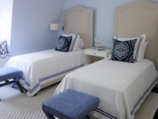 tan, white, and denim twin bed set