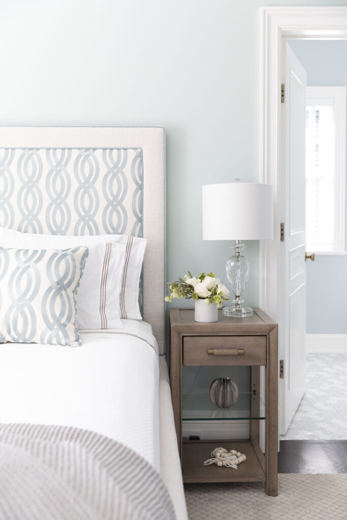 Light blue, white and gray bedroom
