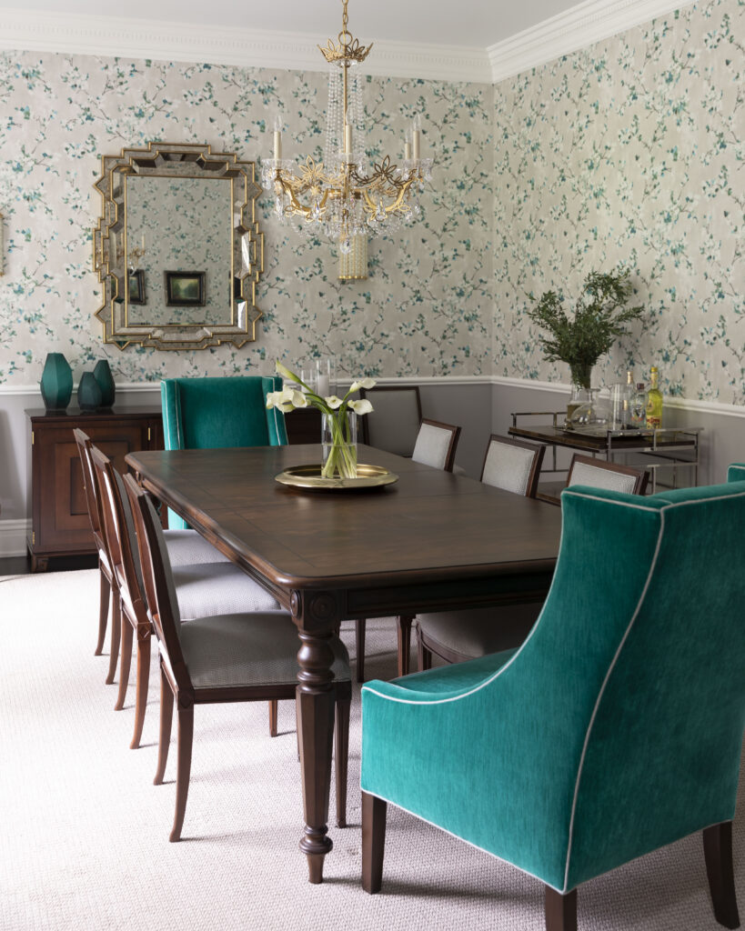 Dark wood and emerald dining room