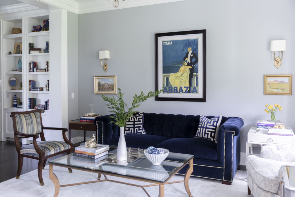 Living room with gold and navy
