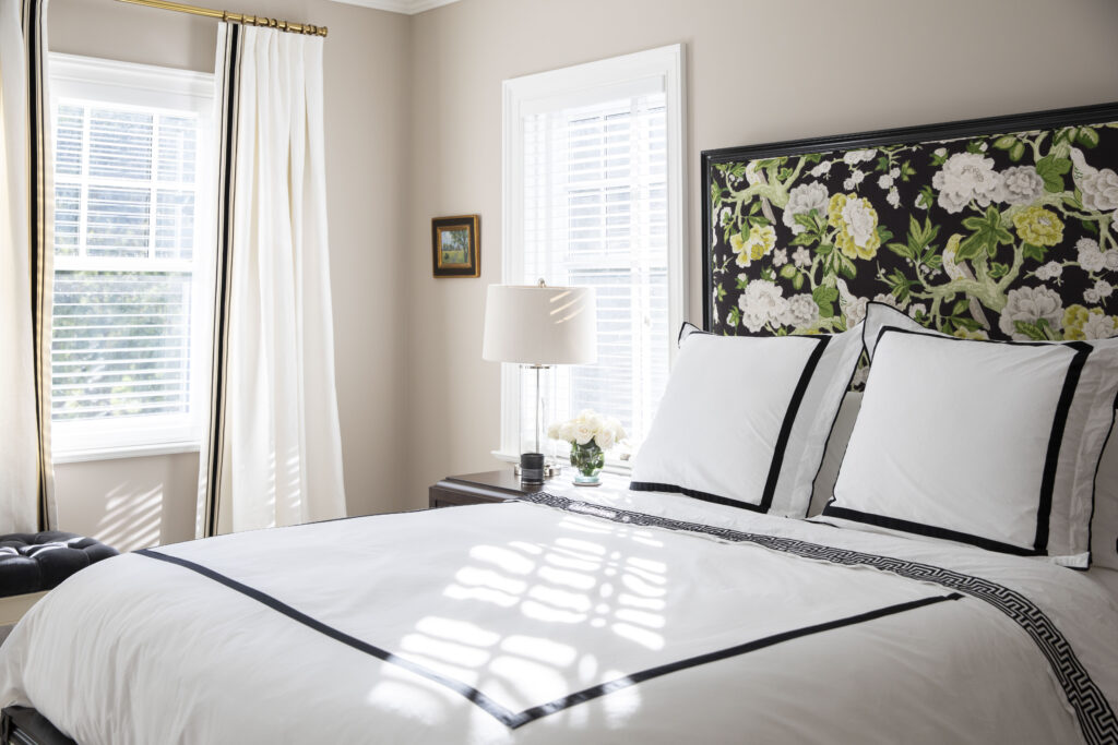 Black , white and floral bedroom
