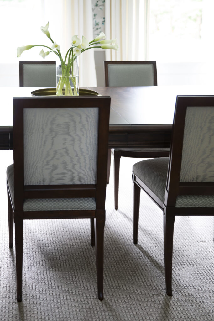 Dark wood and fabric dining chairs
