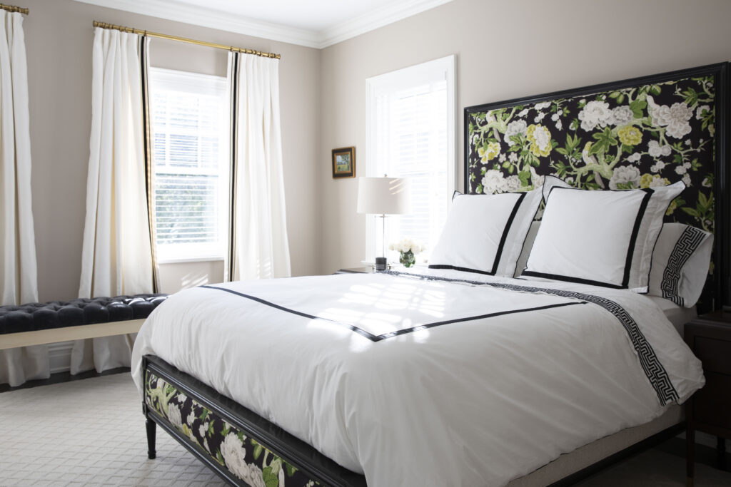 Floral upholstered Bed frame with dark wood