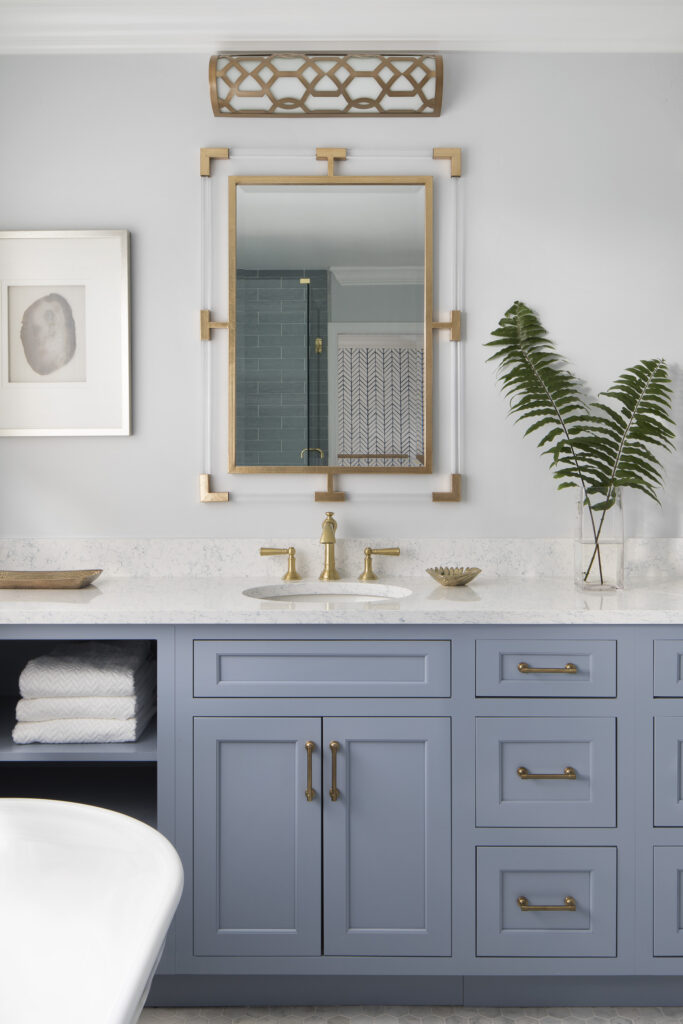Blue bathroom base with shelves and drawers