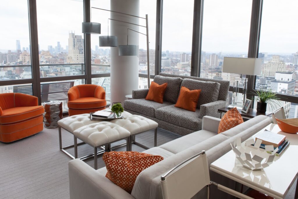 Orange and gray open living room