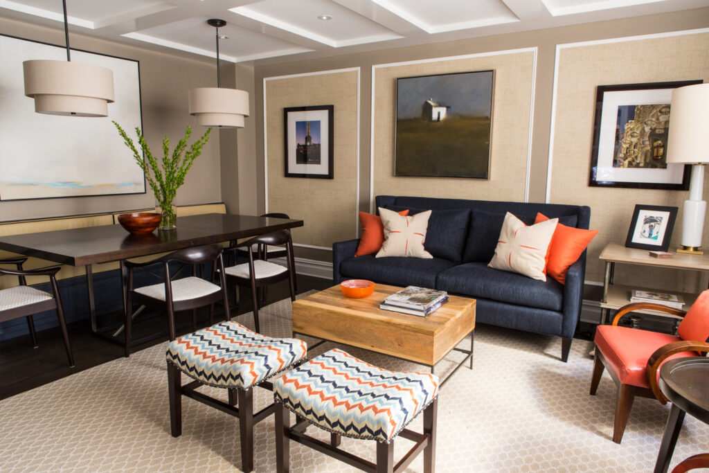 Living room with blue and orange tones