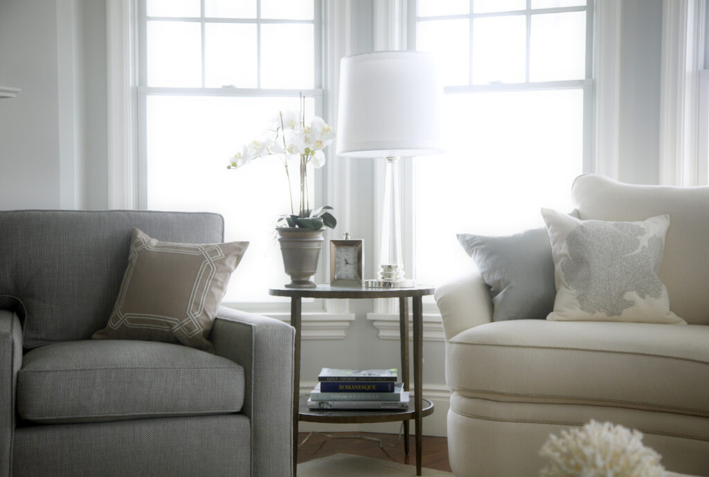Living room side table with White shade lamp