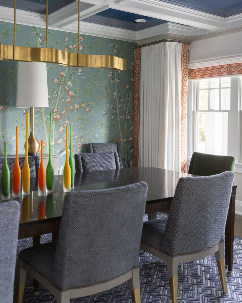 Orange, green , and gold dining room