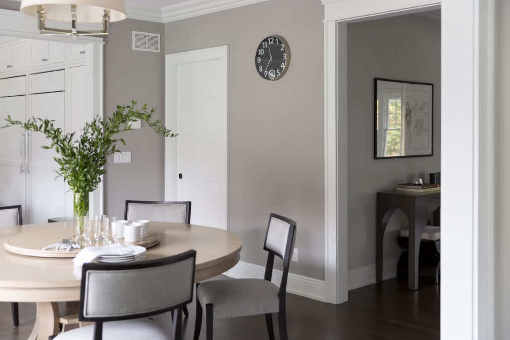 Gray paint and white trim dining room