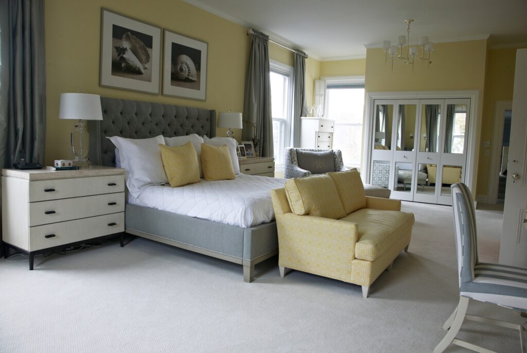 Yellow, gray and white bedroom