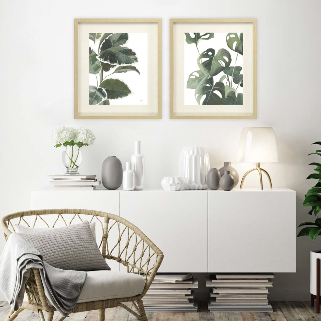 White living area with palm art
