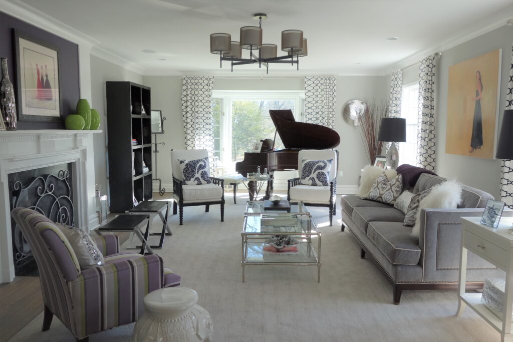 Gray and white living room with piano