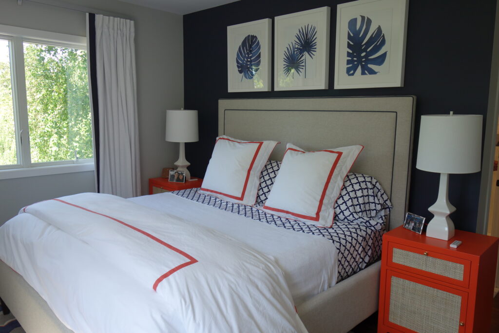 Blue , orange and white bedroom