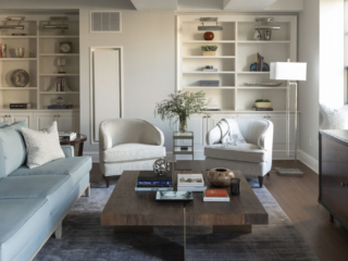 Light blue and rustic wood living room