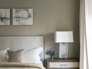 Stone and white shade table lamp