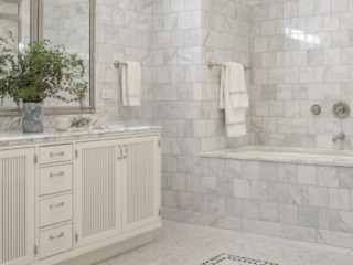 Patterned tile bathroom floor