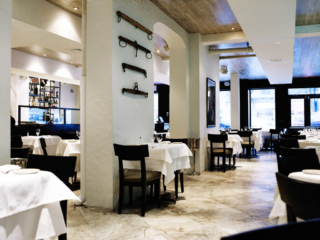 Modern dining room with white and dark wood